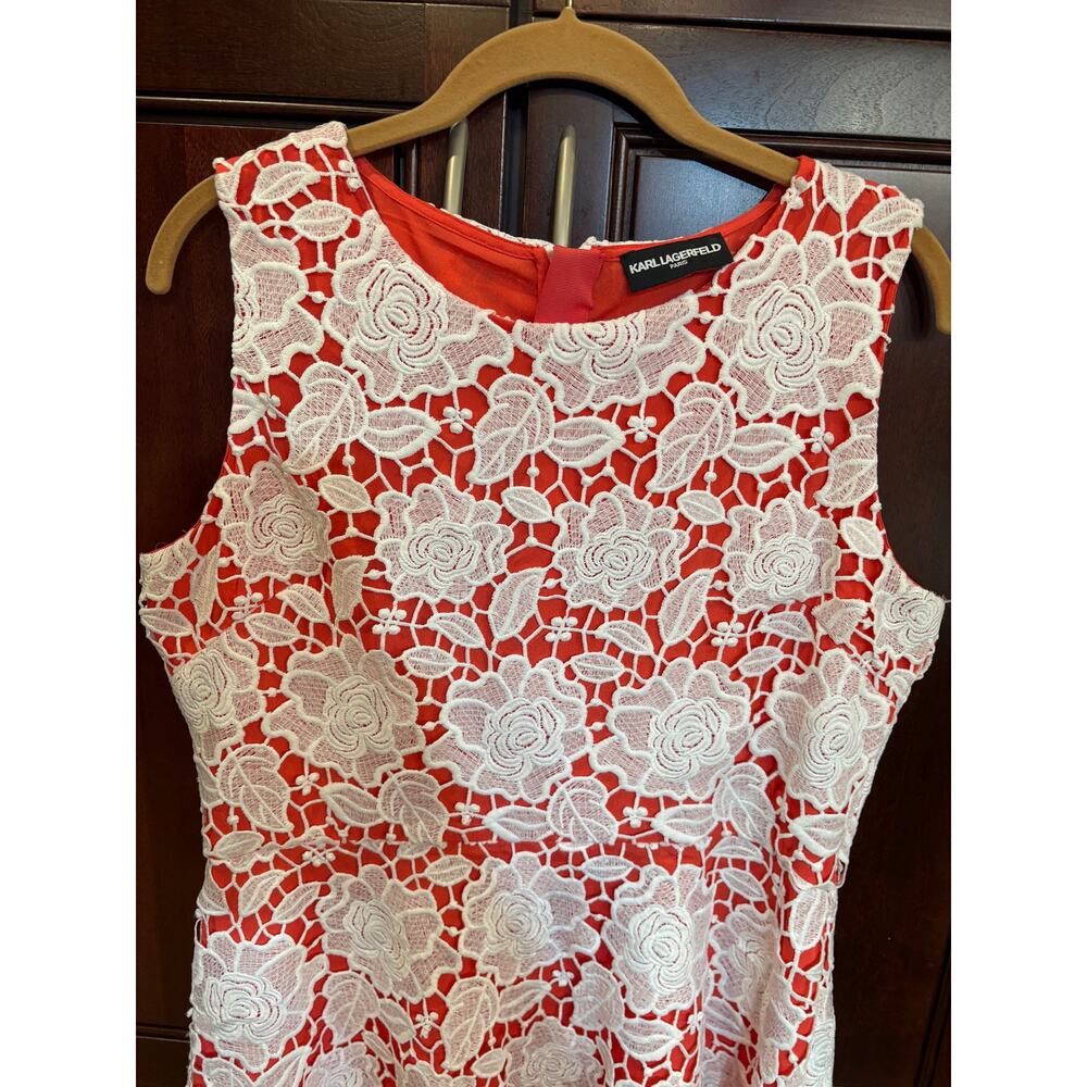 Karl Lagerfeld Coral Dress with White Lace Overlay Size 12 - Picture 15 of 16